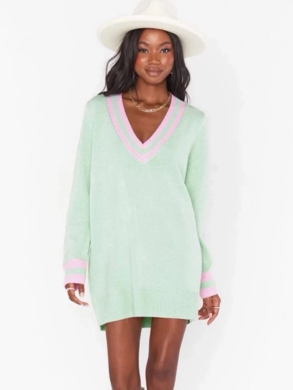 Show Me Your MuMu Mint V-Neck Sweater Dress with Pink Trim